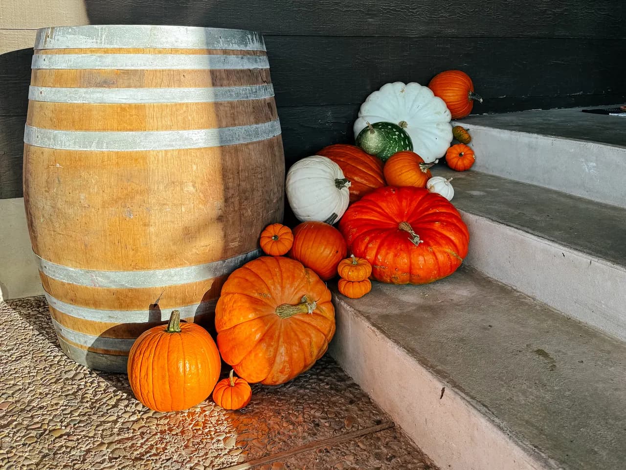 Rustic wine barrel with a small pumpkin grouping in warm golden sidelight