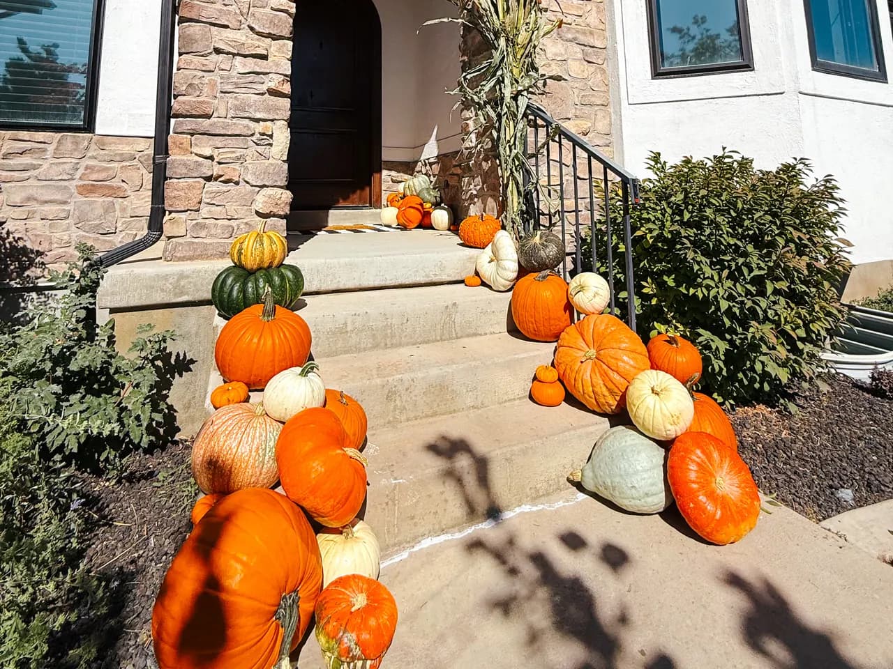 Stone and stucco home with pumpkins cascading down steps in a full porch scene with corn stalks