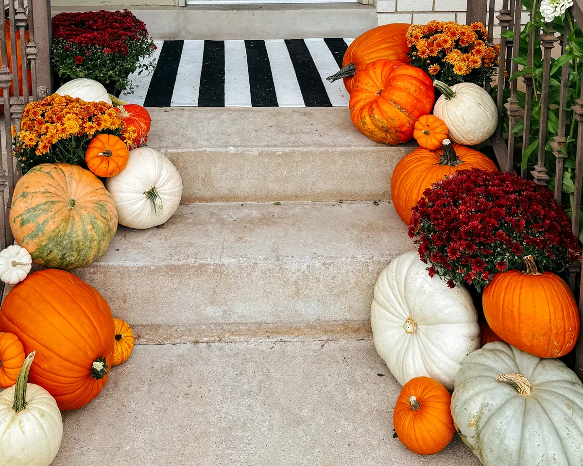 A symmetrical framing of heirloom pumpkins flanking a front doorway